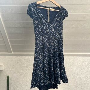 navy blue floral cap sleeve sun dress